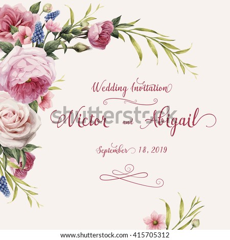 Greeting card with roses, watercolor, can be used as invitation card for wedding, birthday and other holiday and  summer background. Vector illustration.
