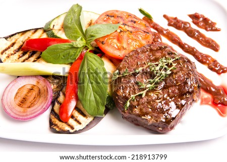 stake with grilled vegetables