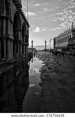 St. Mark\'s Square in Venice after high water in black and white
