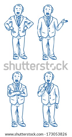 Business man boss illustration in different emotions, sad, happy, thoughtful and poses, hand drawn sketch - part 1