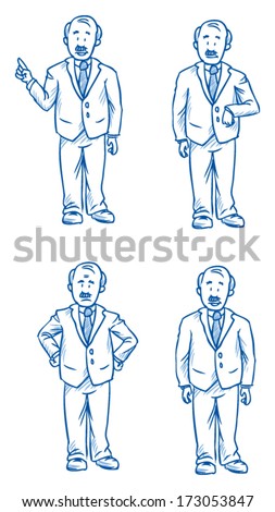 Business man boss illustration in different emotions, angry, happy, thoughtful and poses, hand drawn sketch - part 2