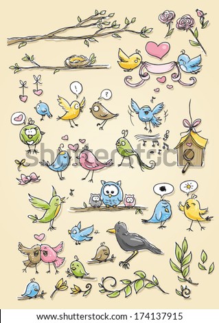 Set of funny cute birds in different emotions, happy, sad, angry, and poses icons hand drawn sketch vector illustration