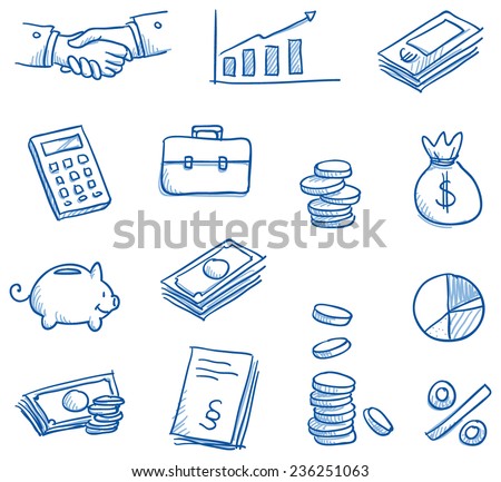 Icon set business & finance with money, graphs, calculator, shaking hands, hand drawn vector doodle