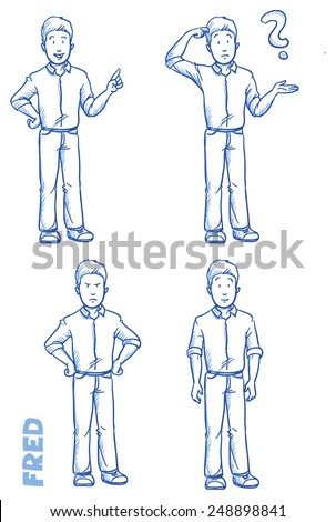 Casual man illustration in different emotions and poses, angry, happy, thoughtful, clueless, hand drawn sketch - Fred part 2