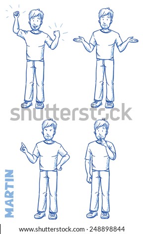 Casual man illustration in different emotions and poses, angry, happy, thoughtful, clueless, hand drawn sketch - Martin part 1