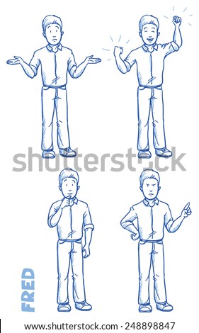 Casual man illustration in different emotions and poses, angry, happy, thoughtful, clueless, hand drawn sketch - Fred part 1