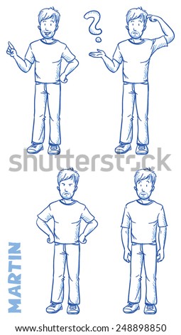 Casual man illustration in different emotions and poses, angry, happy, thoughtful, clueless, hand drawn sketch - Martin part 2