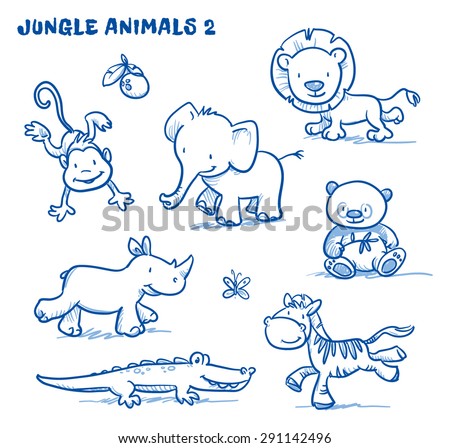 Cute cartoon jungle safari animals. elephant, monkey, lion, rhinoceros, zebra, panda bear, crocodile. Hand drawn doodle vector illustration.