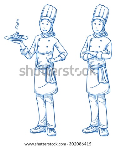 Happy and sad young female cook chef with a fresh meal in one hand, in two emotions. Hand drawn cartoon doodle vector illustration.
