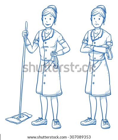 Happy and sad young female cleaner in two emotions. Hand drawn cartoon doodle vector illustration.