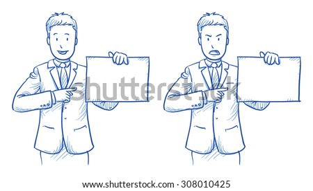 Business man holding a sheet, sign in two emotions, happy and angry, hand drawn doodle vector illustration