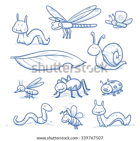 Set of cute little cartoon insects and small animals: Bugs, bee, worm, caterpillar, butterfly, spider, snail, dragonfly and leaf. For children or baby shower cards. Hand drawn vector illustration.
