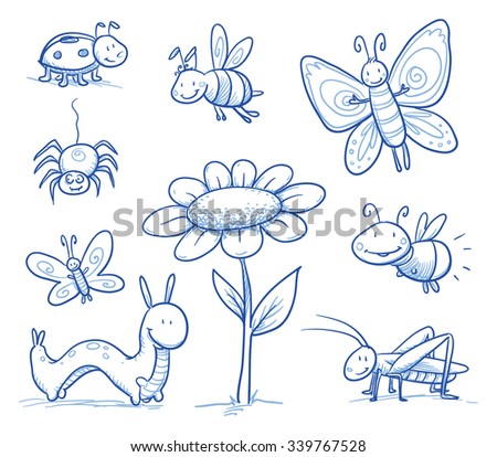 Set of cute little cartoon insects and small animals: Bugs, bee, caterpillar, butterfly, firefly, spider, grasshopper and flower. For children or baby shower cards. Hand drawn vector illustration.