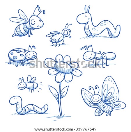 Set of cute little cartoon insects and small animals: Bugs, bee, worm, caterpillar, butterfly, ant and flower. For children or baby shower cards. Hand drawn vector illustration.