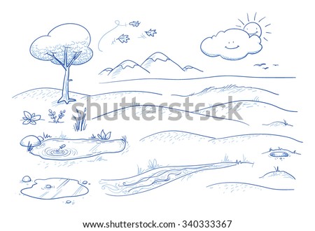 Set of landscape and nature background parts: tree, lake, creek, puddle, mountains, hills, grass, leaves and flowers. Hand drawn vector illustration.