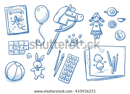 Children toys icons flat lay girls, fairy tale, puzzle, horse, colors, pens, brush, ball, doll, balloon. Hand drawn cartoon vector illustration.