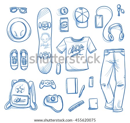 Set of personal belongings, objects of a young girl. Clothing, accessories, toys, stuff. Icons for a young modern hipster lifestyle, hand drawn flat lay vector illustration