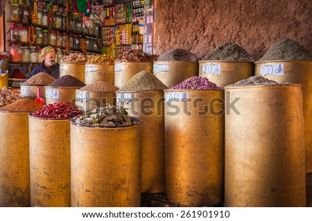 MARRAKESH, MOROCCO- DECEMBER 28: A seller of dried herbs and spices on December 28, 2014 in Marrakesh, Morocco.