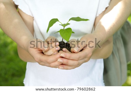 Girl with her mother holding a new plant