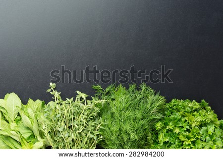 Dark background with fresh green herbs at the bottom, Including mint, thyme, dill and parsley
