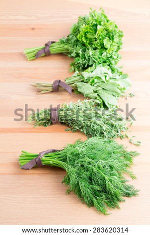 Bunches of fresh dill,  thyme, mint and parsley on a light wooden background. Vertical photo
