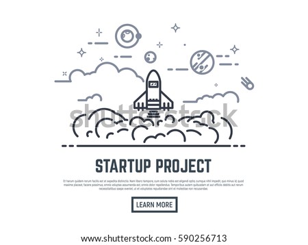 Startup project vector illustration. Cosmos view. Rocket lunch and smoke. Sky with clouds, planets, stars and satellite. Thin line style banner. Trendy vector placard with text and button.