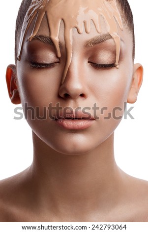 Make-up & cosmetics. Closeup portrait of beautiful woman model face with skin foundation on white background