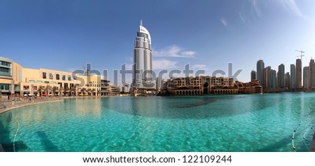 DUBAI, UAE - OCTOBER 23: Address Hotel and Lake Burj Dubai on October 23, 2012 in Dubai. The hotel is 63 stories high and feature 196 lavish rooms and 626 serviced residences