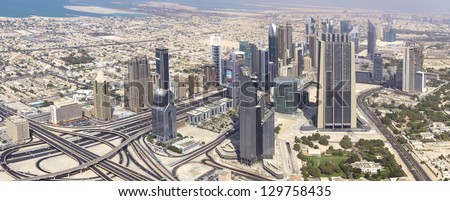 DUBAI, UAE. - OCTOBER 29 : Dubai, the top view on Dubai downtown from the tallest building in the world, Burj Khalifa on OCTOBER 29, 2012 in Dubai, UAE. Day View