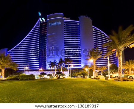 Dubai, Uae - October 23: Jumeirah Beach Hotel On October 23, 2012 In Dubai, Uae. Well-Known For Its Wave-Shaped Silhouette, Remains One Of The Best Recognizable Landmarks Of Dubai, Uae