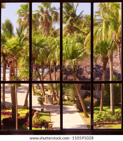 view of a tropical garden through a panoramic window