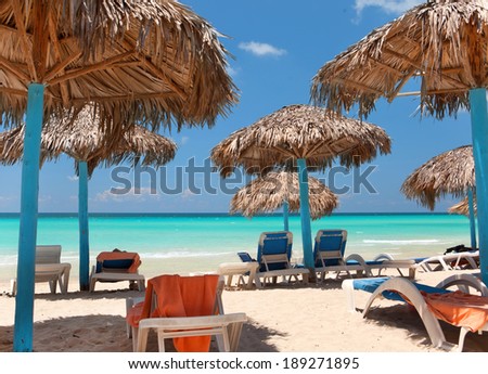 umbrellas and deck chairs on the ocean shore