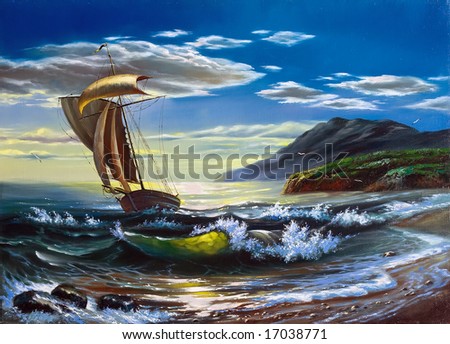 Sailing boat in the storm sea