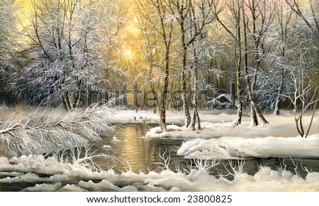 Winter landscape with the wood river