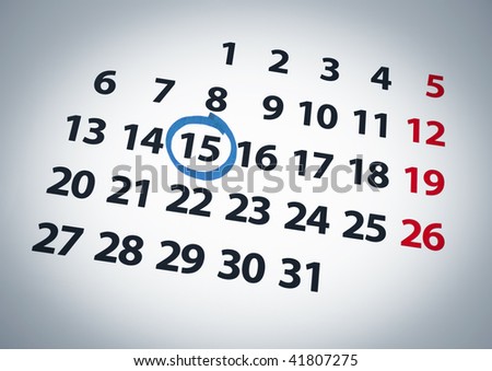 A date circled on a 15th day of a calendar with blue ink.