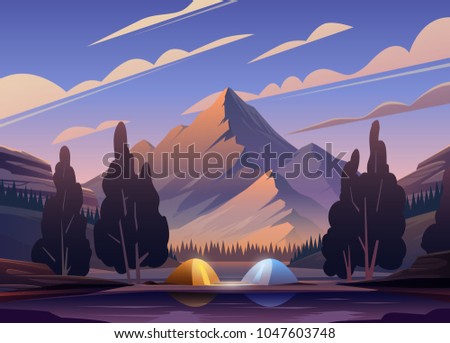 Vector flat web banner on the theme of Climbing, Trekking, Hiking, Walking. Sports, Camping, outdoor recreation, adventures in nature, vacation. Modern flat design. Evening camp