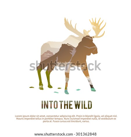 Vector poster on themes: wild animals of Canada, survival in the wild, hunting, camping, trip. Moose.