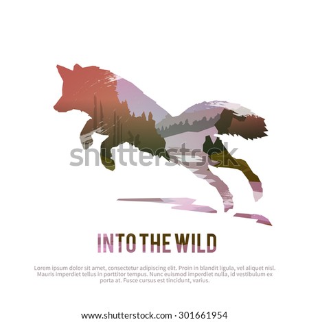 Vector poster on themes: wild animals of Canada, survival in the wild, hunting, camping, trip. Fox.