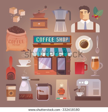 Beautiful set of vector flat icons for your projects. Coffee, cafes, coffee shops, types of beverages. Italian coffee. Barista. The consumption of coffee. Breakfast. #1