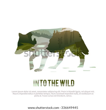 Poster on themes: wild animals of Canada, survival in the wild, hunting, camping, trip. Wolf.
