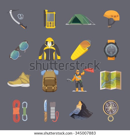 Set of flat vector icons on the theme of Climbing, Trekking, Hiking, Mountaineering. Extreme sports, outdoor recreation, adventure in the mountains, vacation. Achievement. Modern flat design