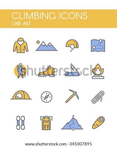 Set of line vector icons on the theme of Climbing, Trekking, Hiking, Mountaineering. Camping. Adventure.Extreme sports, outdoor recreation, adventure in the mountains, vacation. Line art. #1