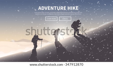 Flat vector banner on the theme of Climbing, Trekking, Hiking, Mountaineering. Extreme sports, outdoor recreation, adventure in the mountains, vacation. Achievement. The Alps.
