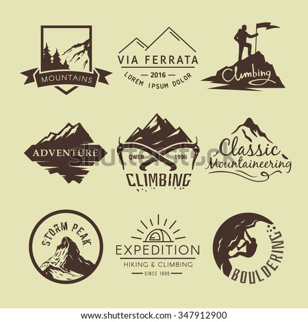 Set of vintage labels on the theme of Climbing, Trekking, Hiking, Mountaineering. Extreme sports, outdoor recreation, adventure in the mountains, vacation. Achievement.