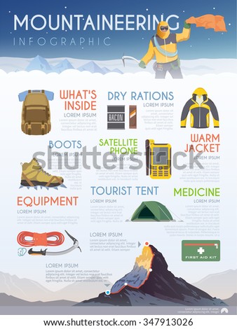 Vector infographics on the theme of Climbing, Trekking, Hiking, Mountaineering. Extreme sports, outdoor recreation, adventure in the mountains, vacation. Achievement. Modern flat design