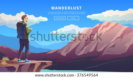 Web vector  illustration on the theme of Climbing, Trekking, Hiking, Walking. Sports, outdoor recreation, adventures in nature, vacation. Wanderlust. Downshifting. Modern flat design. #2