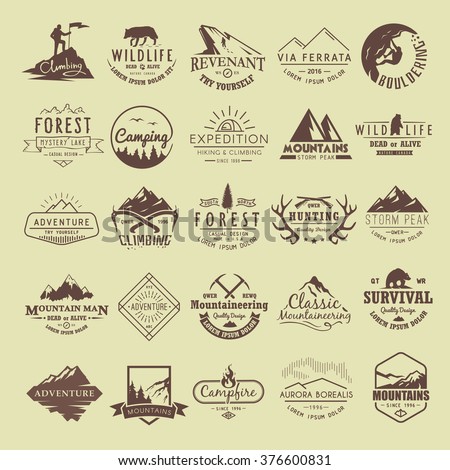 Set of vintage labels on the theme of Climbing, Trekking, Hiking, Mountaineering, Hunting. Extreme sports, outdoor recreation, adventure in the mountains, vacation. Achievement.