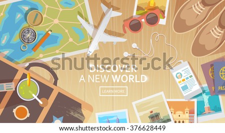 Flat vector web banner on the theme of travel , vacation, adventure. Preparing for your journey. Outfit of modern traveler. Objects on wooden background. Top view. Discover a new world. #1