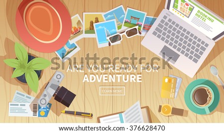 Flat vector web banner on the theme of travel , vacation, adventure. Preparing for your journey. Outfit of modern traveler. Objects on wooden background. Top view. Are you ready for Adventure #2
