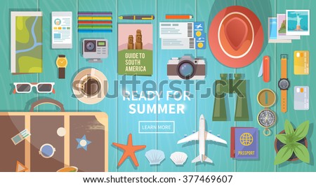 Flat vector web banner on the theme of travel , vacation, adventure. Preparing for your journey. Outfit of modern traveler. Objects on wooden background. Top view. Ready for Summer.
